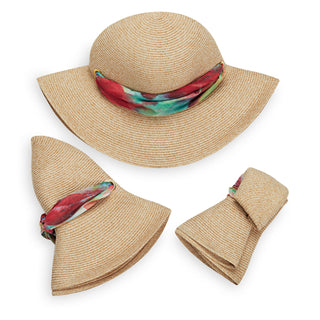 Packing of Women's Wide Brim Crown Style Lady Jane UPF Sun Hat in Natural with Scarf from Wallaroo