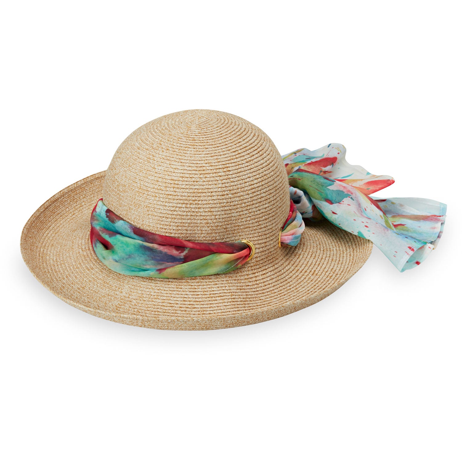 Featuring Front of Women's UPF Wide Brim Crown Style Lady Jane Sun Hat in Natural with Scarf from Wallaroo
