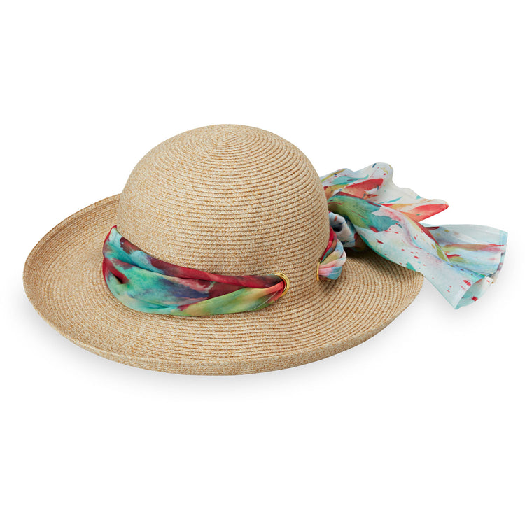 Front of Women's UPF Wide Brim Crown Style Lady Jane Sun Hat in Natural with Scarf from Wallaroo