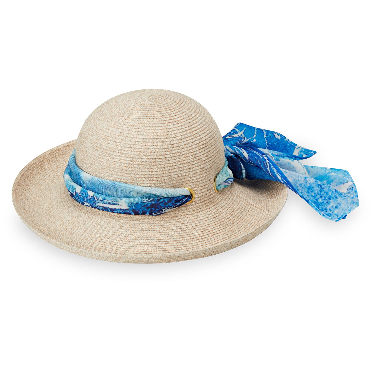 Women's Big Wide Brim Lady Jane UPF Sun Hat in Natural with Wave Scarf from Wallaroo, White-Beige/Wave