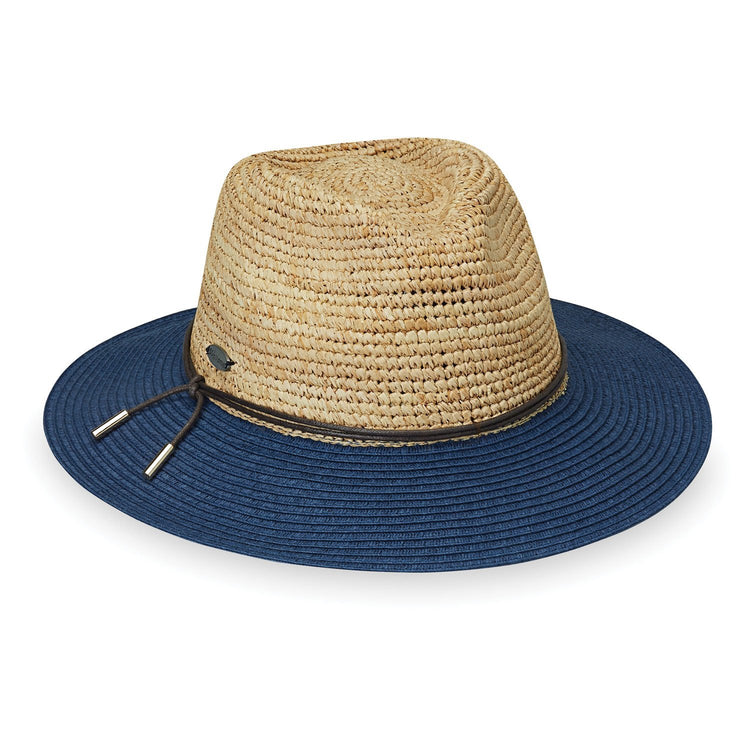 Front of Women's Adjustable Fedora Style Laguna Raffia Sun Hat in Natural Navy from Wallaroo