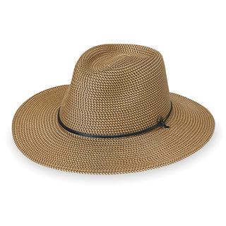 Front of Unisex UPF Fedora Style Logan Sun Hat with Chinstrap in Camel from Wallaroo