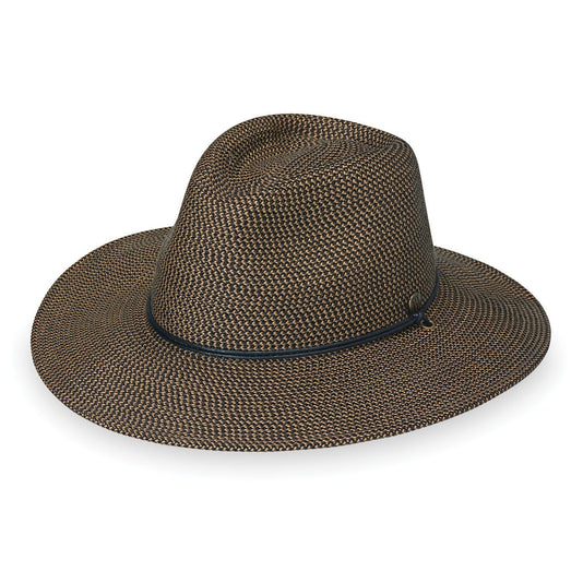 Front of Unisex Packable UPF Fedora Style Logan Sun Hat with Chinstrap in Dark Brown from Wallaroo