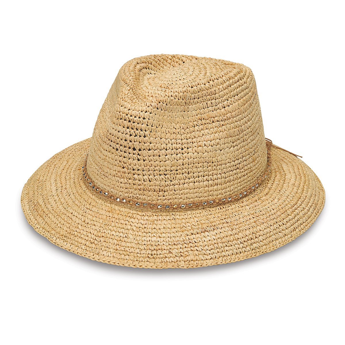 Featuring Front of Women's Adjustable Wide Brim Fedora Style Malibu Raffia Sun Hat in Natural from Wallaroo