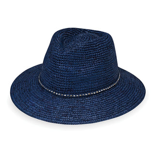 Front of Women's Adjustable Wide Brim Fedora Style Malibu Raffia Sun Hat in Navy from Wallaroo