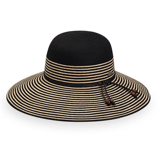 Front of Women's UPF Wide Brim Marseille Brim Sun Hat in Black with Natural Stripes from Wallaroo