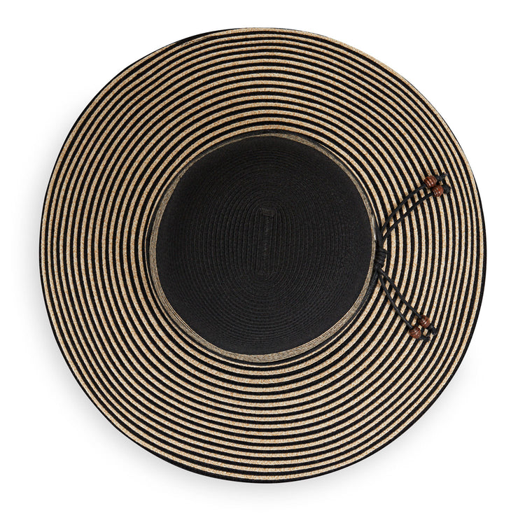 Top of Women's UPF Wide Brim Marseille Sun Hat in Black with Natural Stripes from Wallaroo