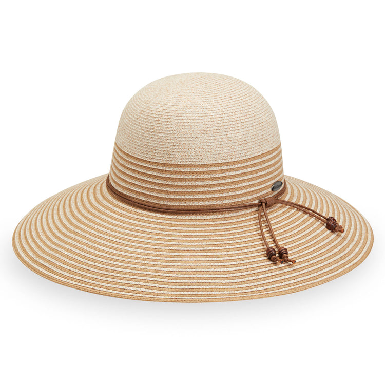 Front of Women's UPF Wide Brim Marseille Sun Hat in White with Beige Stripes from Wallaroo