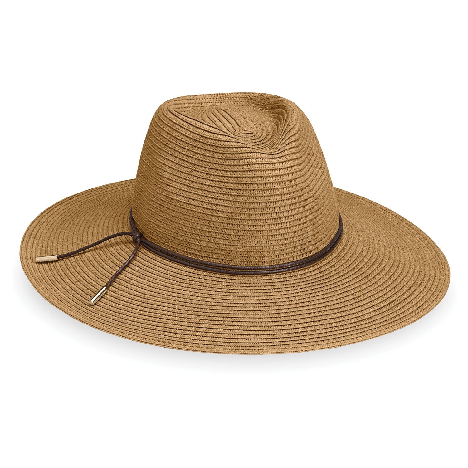 Front of Ladies' Packable Wide Brim Fedora Style Montecito Summer Sun Hat from Wallaroo, Camel