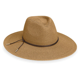 Front of Women's Packable Wide Brim Fedora Style Montecito UPF Sun Hat in Camel from Wallaroo