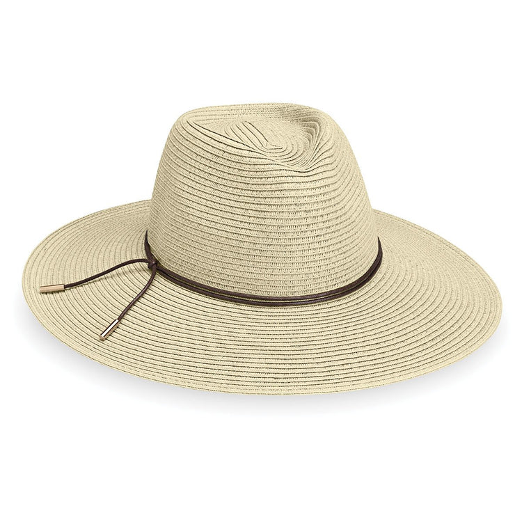 Front of Women's Packable Wide Brim Fedora Style Montecito UPF Sun Hat in Natural from Wallaroo