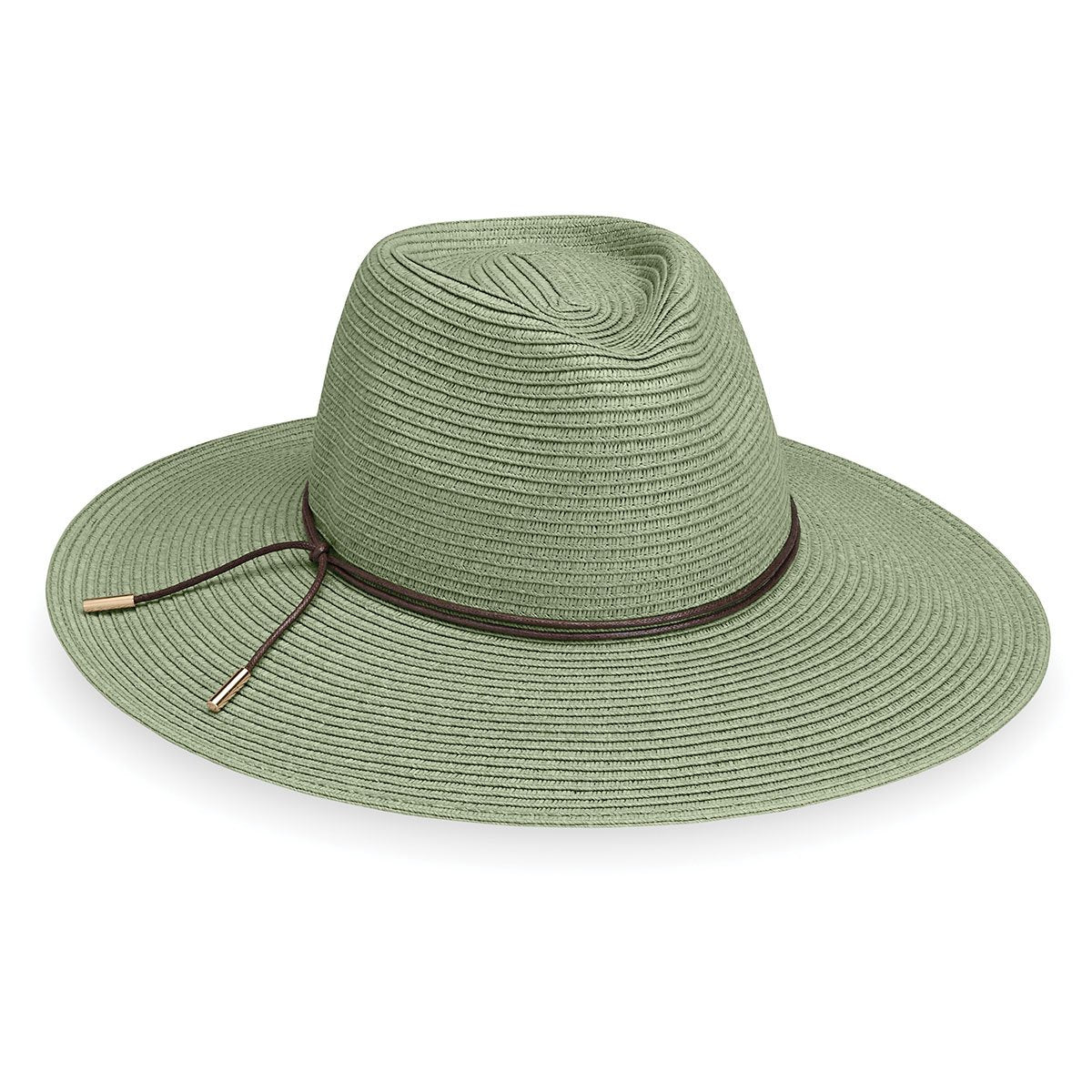 Featuring Front of Women's Packable Wide Brim Fedora Style Montecito UPF Sun Hat in Sage from Wallaroo