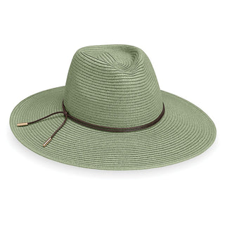 Front of Women's Packable Wide Brim Fedora Style Montecito UPF Sun Hat in Sage from Wallaroo
