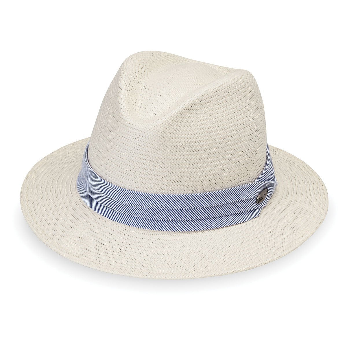 Featuring Front of Women's Fedora Style Monterey UPF Sun Hat in Natural with Blue Pinstripe from Wallaroo