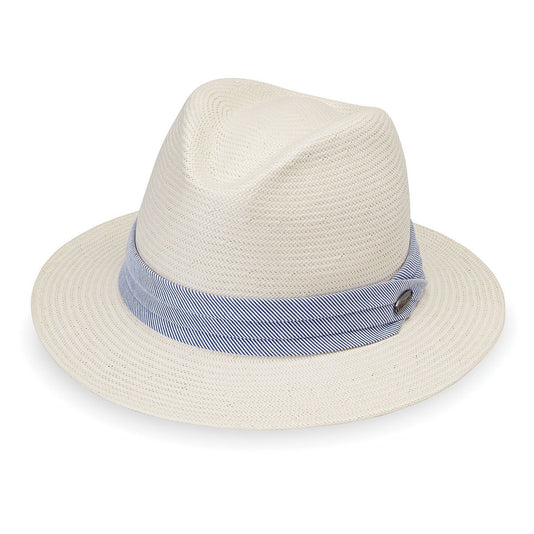 Front of Women's Fedora Style Monterey UPF Sun Hat in Natural with Blue Pinstripe from Wallaroo