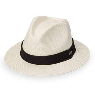 Front of Women's Fedora Style Monterey UPF Sun Hat in Natural with Solid Black Trim from Wallaroo