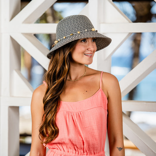 Woman Wearing Packable UPF Bucket Style Naomi Summer Sun Hat in Charcoal from Wallaroo