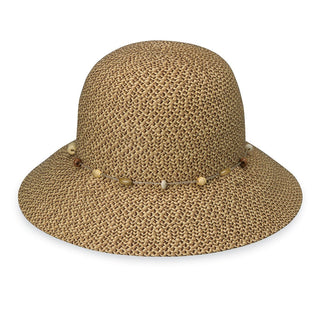 Front of Women's Packable UPF Bucket Style Naomi Paper Braid Sun Hat in Mixed Brown from Wallaroo