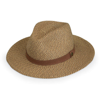 Front of Packable Unisex Fedora Style Outback UPF Sun Hat in Mixed Brown from Wallaroo