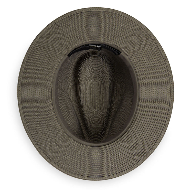 Inside of Packable Unisex Fedora Style Palm Beach UPF Sun Hat in Olive from Wallaroo