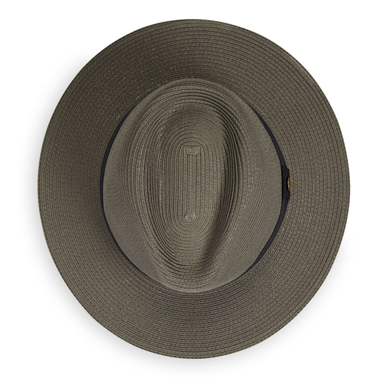 Top of Packable Unisex Fedora Style Palm Beach UPF Sun Hat in Olive from Wallaroo