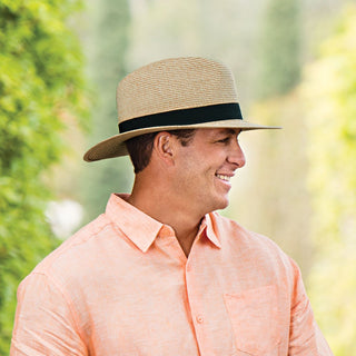 Man Wearing Packable Unisex Fedora Style Palm Beach UPF Sun Hat in Beige from Wallaroo