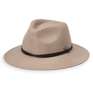 Front of Women's Packable UPF Fedora Style Petite Aspen Wool Felt Sun Hat in Taupe from Wallaroo