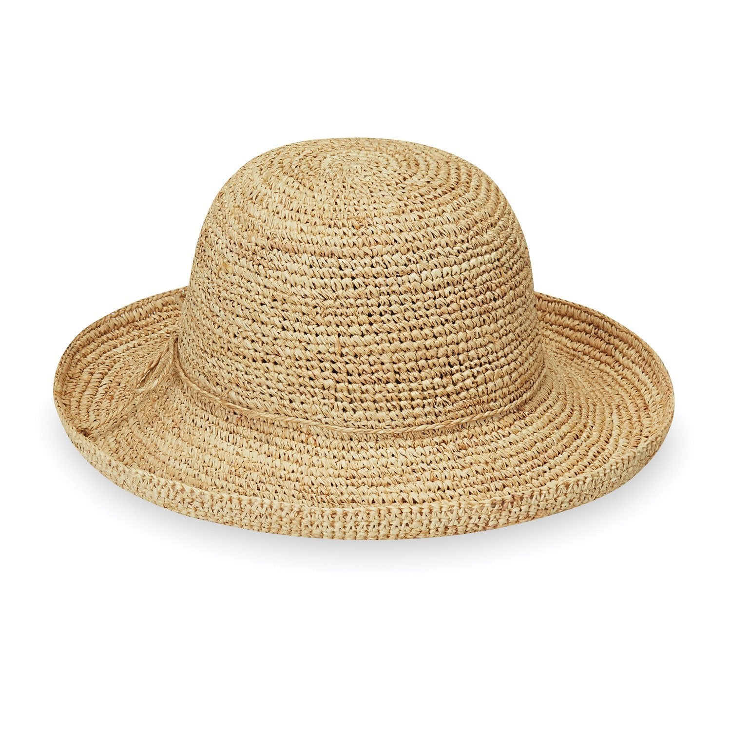 Featuring Front of Women's Wide Brim Crown Style Petite Catalina Raffia Sun Hat in Natural from Wallaroo