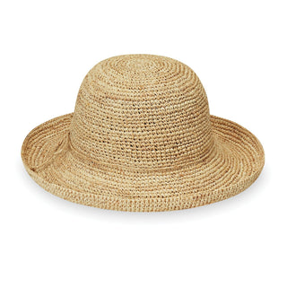 Front of Women's Wide Brim Crown Style Petite Catalina Raffia Sun Hat in Natural from Wallaroo