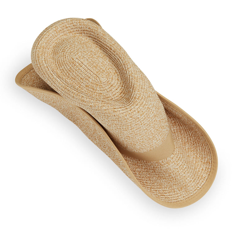 Packing Taco Fold View of the Petite Gabi Polyester Ponytail Sun Hat in Beige from Wallaroo