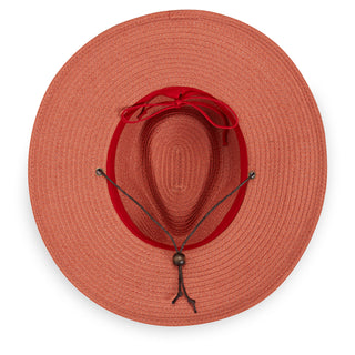 Inside of Women's Fedora Style Petite Sanibel UPF Sun Hat with Chinstrap in Coral from Wallaroo