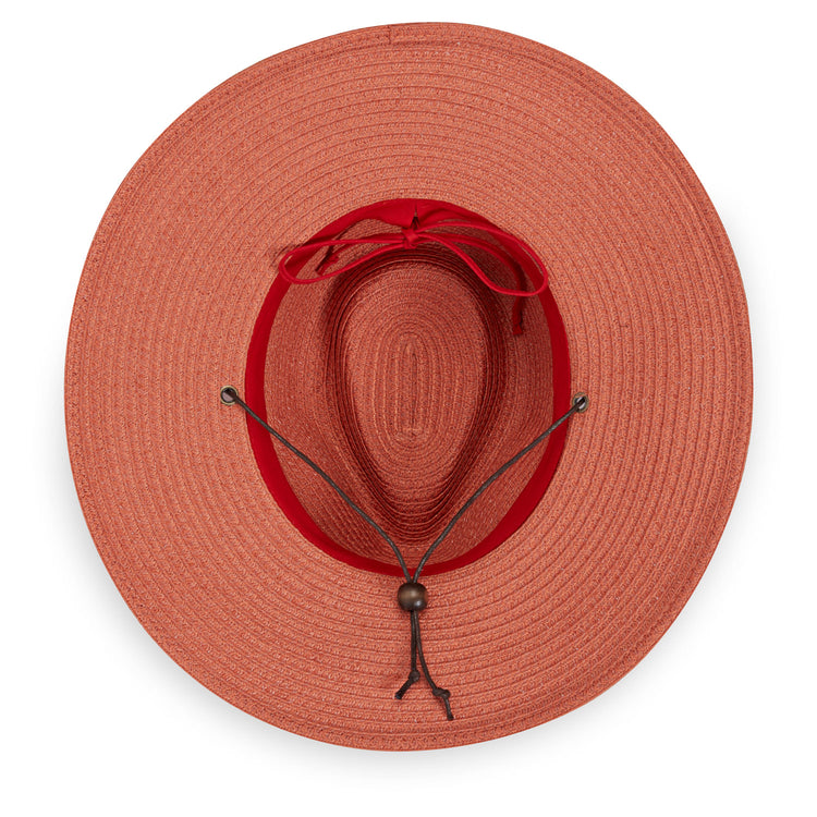 Inside of Women's Fedora Style Petite Sanibel UPF Sun Hat with Chinstrap in Coral from Wallaroo