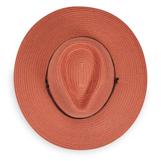 Top of Women's Fedora Style Petite Sanibel UPF Sun Hat with Chinstrap in Coral from Wallaroo