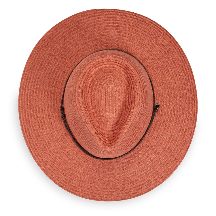 Top of Women's Fedora Style Petite Sanibel UPF Sun Hat with Chinstrap in Coral from Wallaroo
