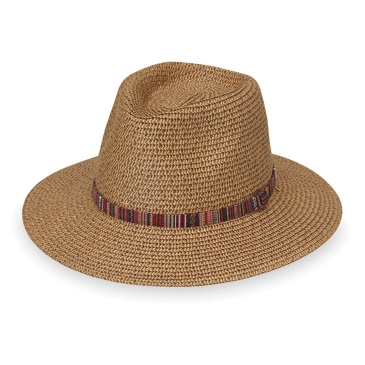 Front of Packable Fedora Style Petite Sedona UPF Sun Hat in Camel from Wallaroo