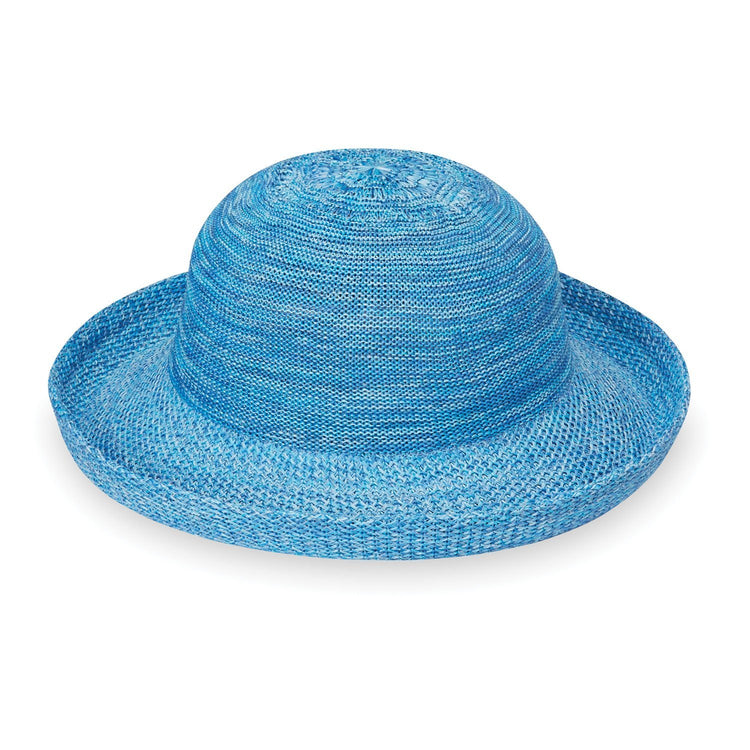 Front of Women's Packable Wide Brim Petite Victoria Polystraw Sun Hat in Mixed Aqua from Wallaroo