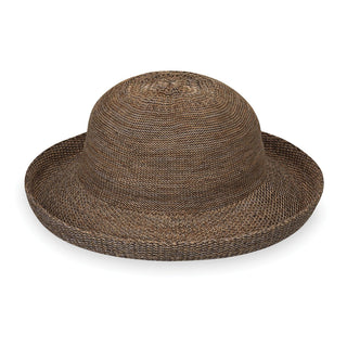 Front of Packable Women's Wide Brim Petite Victoria Polystraw Sun Hat in Suede from Wallaroo
