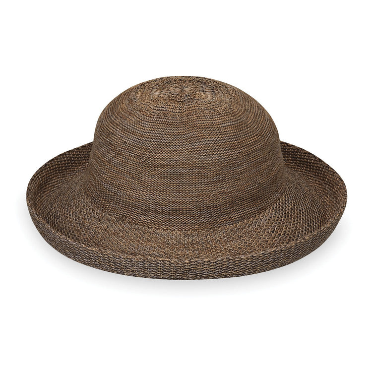 Front of Packable Women's Wide Brim Petite Victoria Polystraw Sun Hat in Suede from Wallaroo