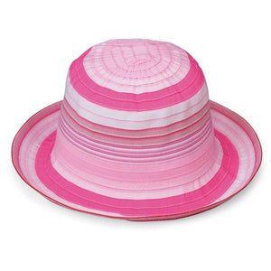 Front of Kid's Packable Wide Brim Petite Nantucket UPF Sun Hat in Pink Tones from Wallaroo