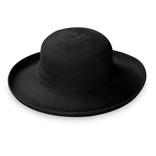 Front of Women's Packable Wide Brim Petite Victoria Polystraw Sun Hat in Black from Wallaroo
