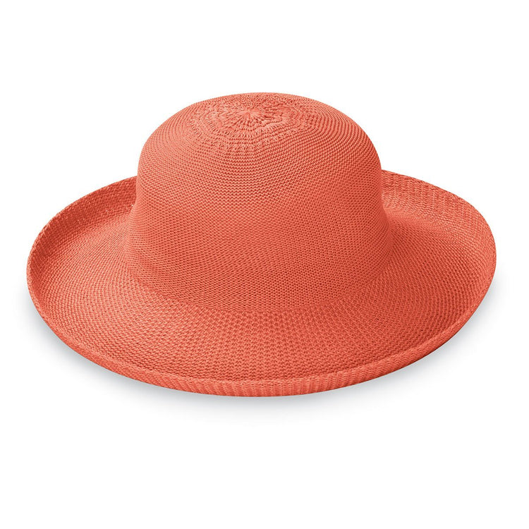 Front of Women's Packable Wide Brim Petite Victoria Polystraw Sun Hat in Coral from Wallaroo