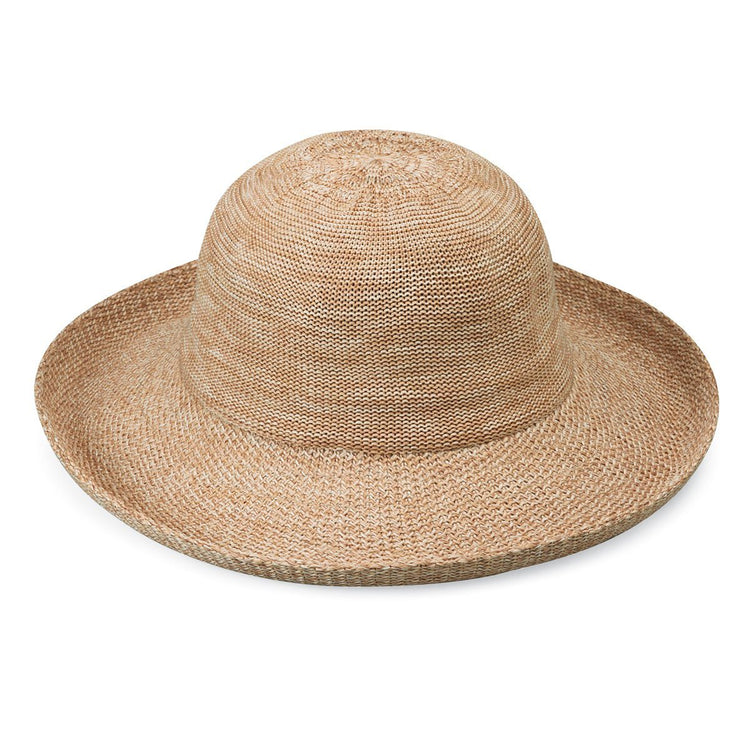 Front of Women's Packable Wide Brim Petite Victoria Polystraw Sun Hat in Mixed Camel from Wallaroo