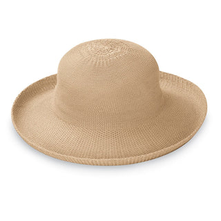 Front of Women's Packable Wide Brim Petite Victoria Polystraw Sun Hat in Tan from Wallaroo
