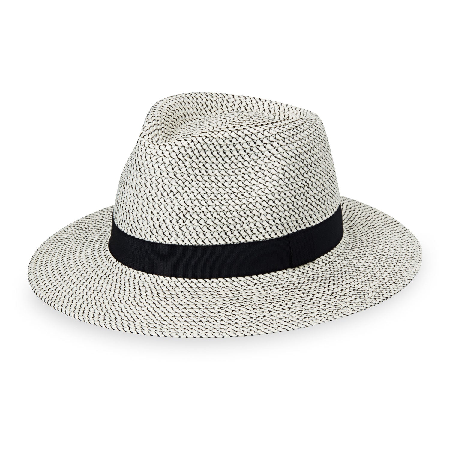 Featuring Front of Women's Packable Fedora Style Petite Charlie UPF Sun Hat in Ivory Black from Wallaroo