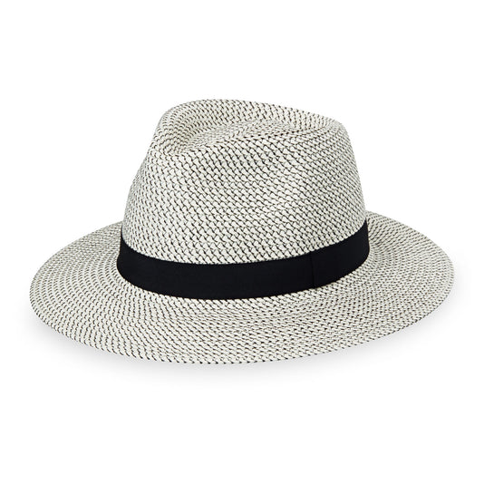 Front of Women's Packable Fedora Style Petite Charlie UPF Sun Hat in Ivory Black from Wallaroo