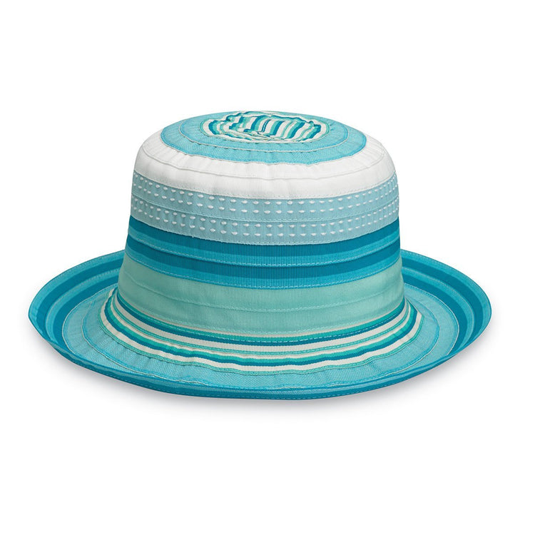 Front of Kid's Packable Wide Brim Petite Nantucket UPF Sun Hat in Aqua Tones from Wallaroo