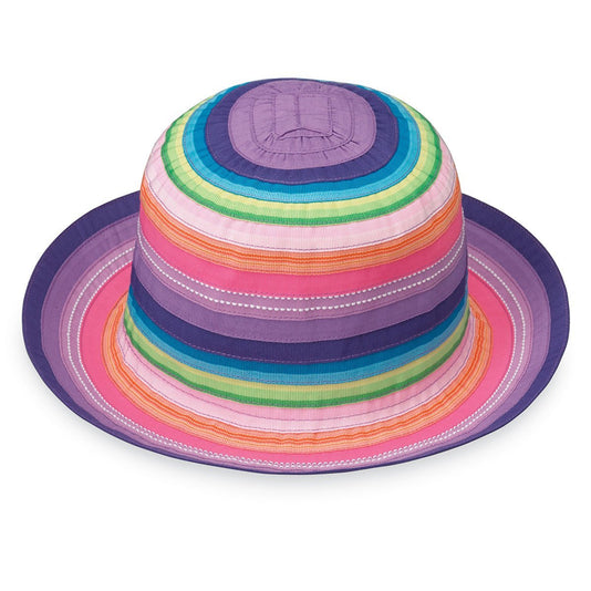 Front of Kid's Packable Wide Brim Style Petite Nantucket UPF Sun Hat in Rainbow Tones from Wallaroo