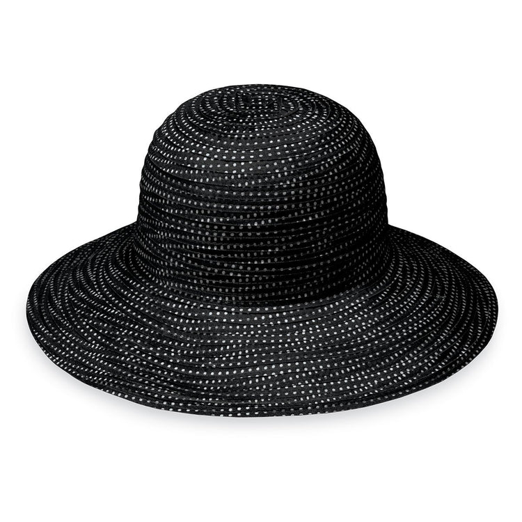 Front of Women's Packable Wide Brim Petite Scrunchie UPF Sun Hat in Black White from Wallaroo