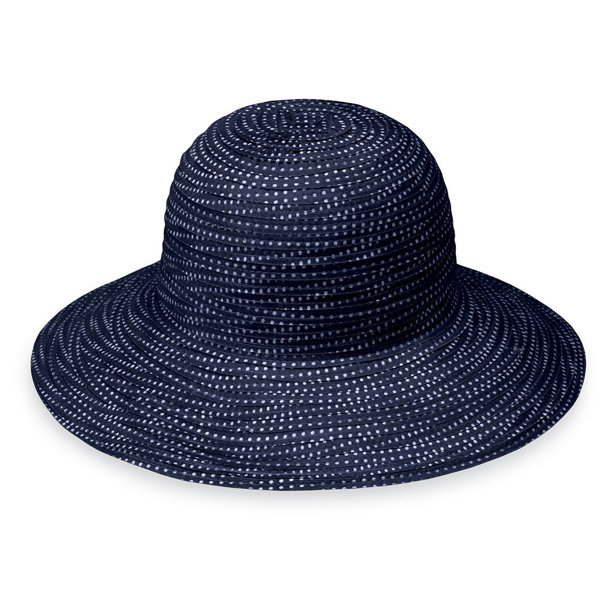 Featuring Women's Packable Crown Style Petite Scrunchie UPF Sun Hat in Navy White from Wallaroo