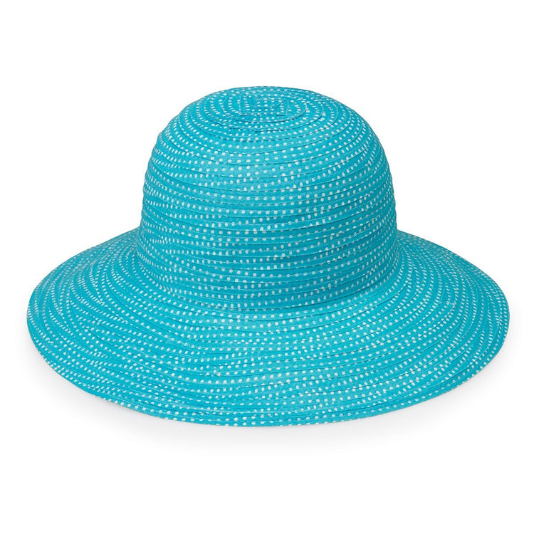 Front of Women's Packable Wide Brim Petite Scrunchie UPF Sun Hat in Turquoise White from Wallaroo